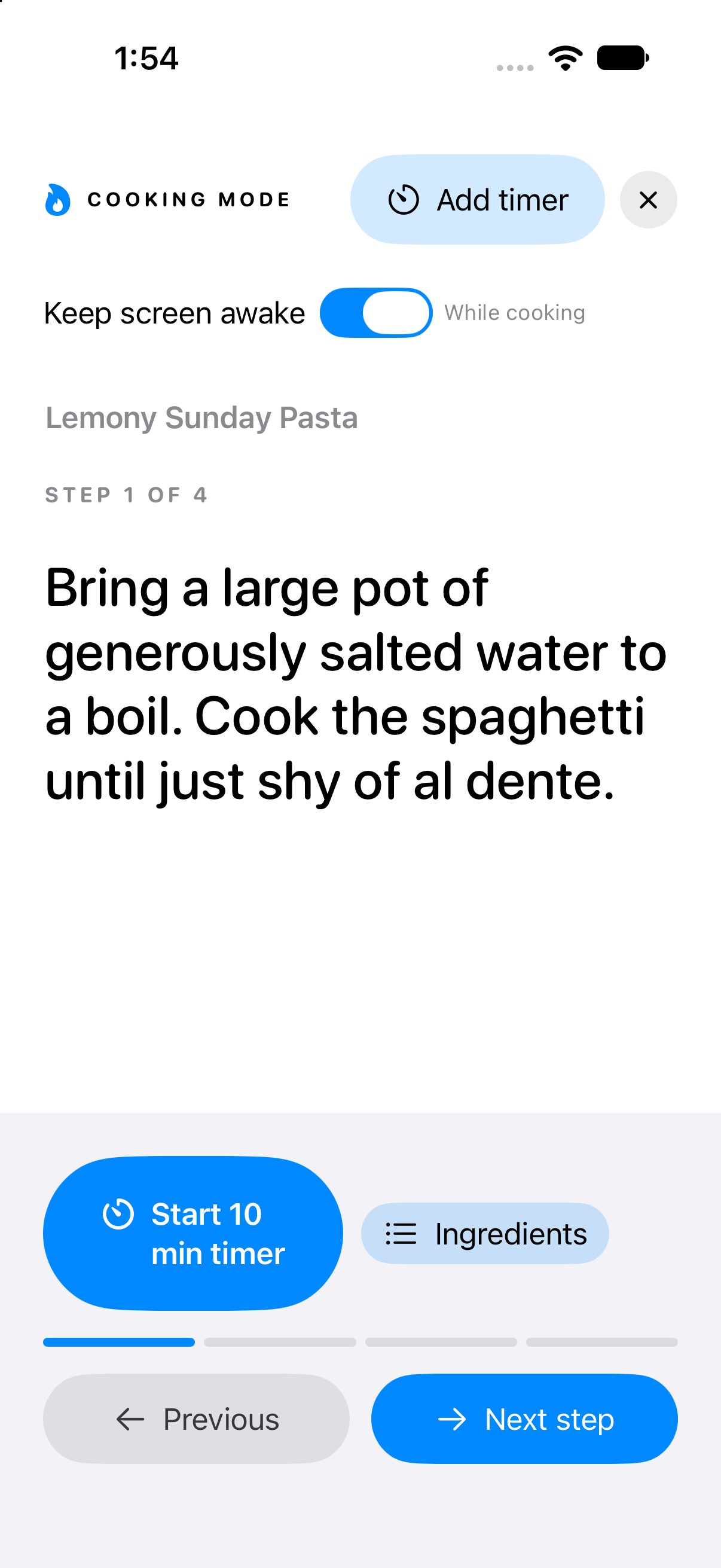 Risoni Cooking Mode showing Lemony Sunday Pasta, step one of four, a ten-minute timer button, Ingredients and Next step controls.